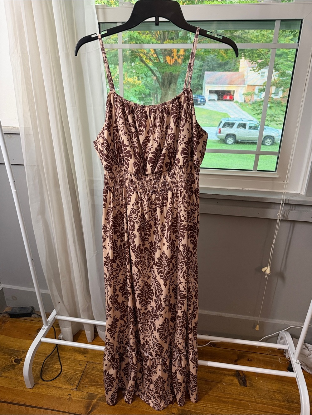 Grace Karin Beige Maxi Dress with Brown Floral Damask Print